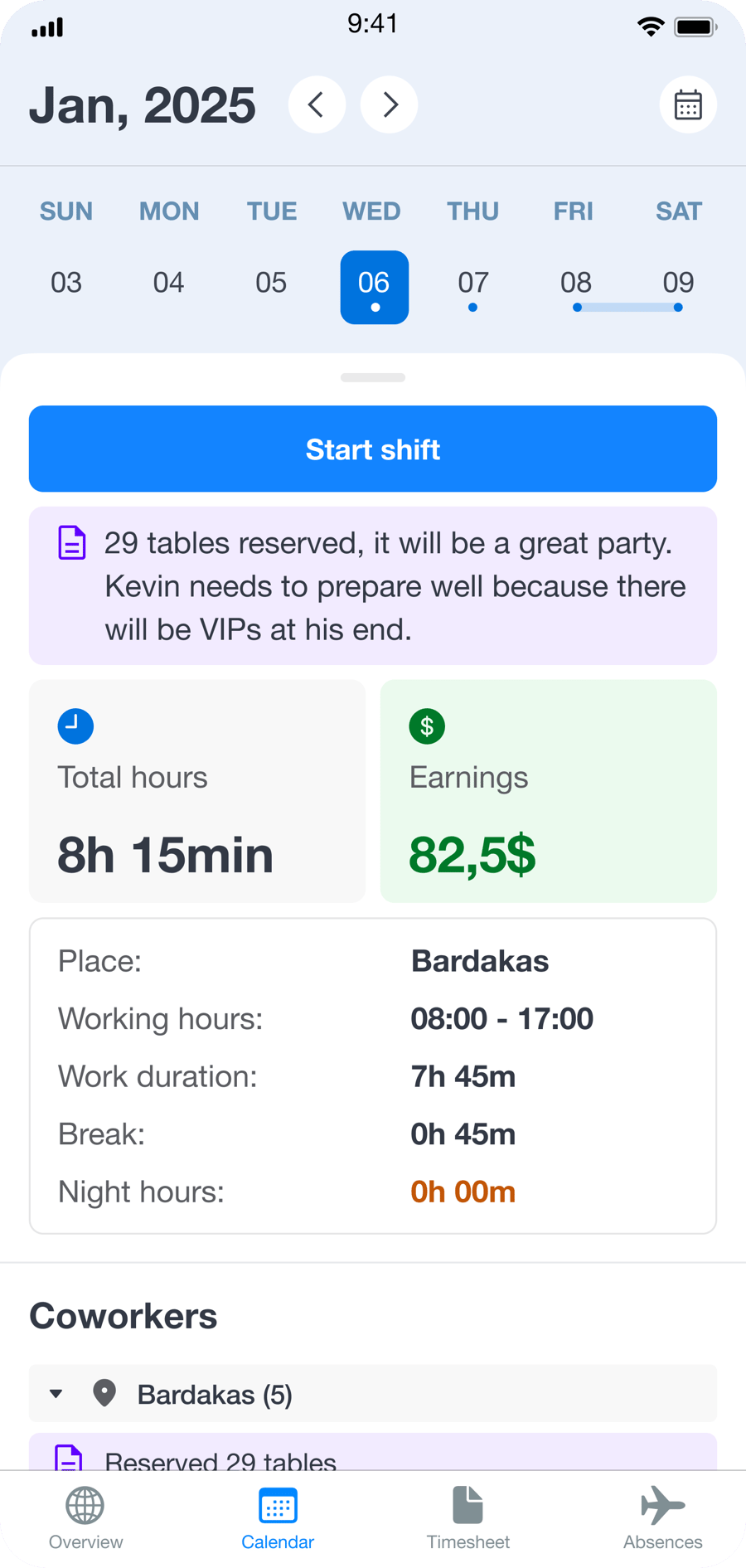 Employee mobile shift schedule