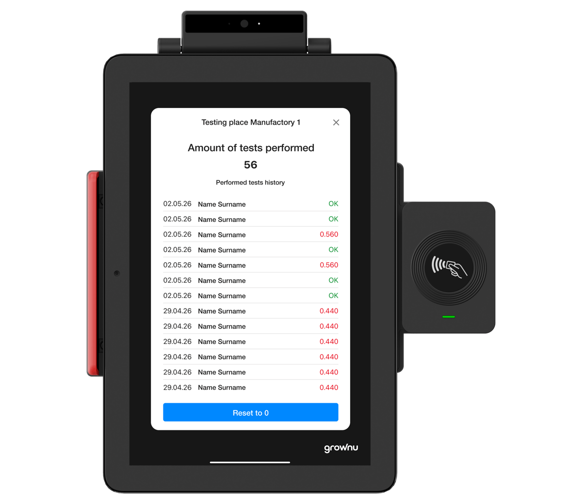 Breathalyzer test log in the Grownu web system