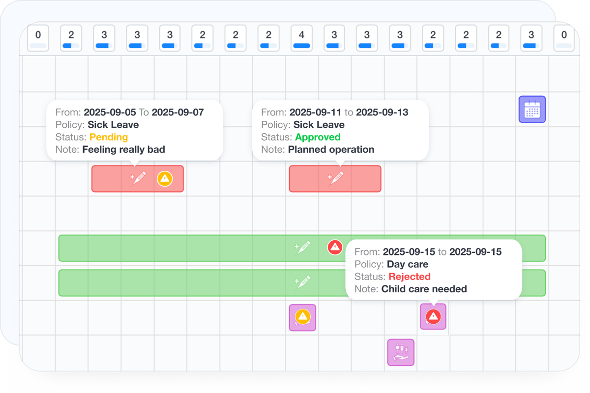 Leave calendar with requests and approval status