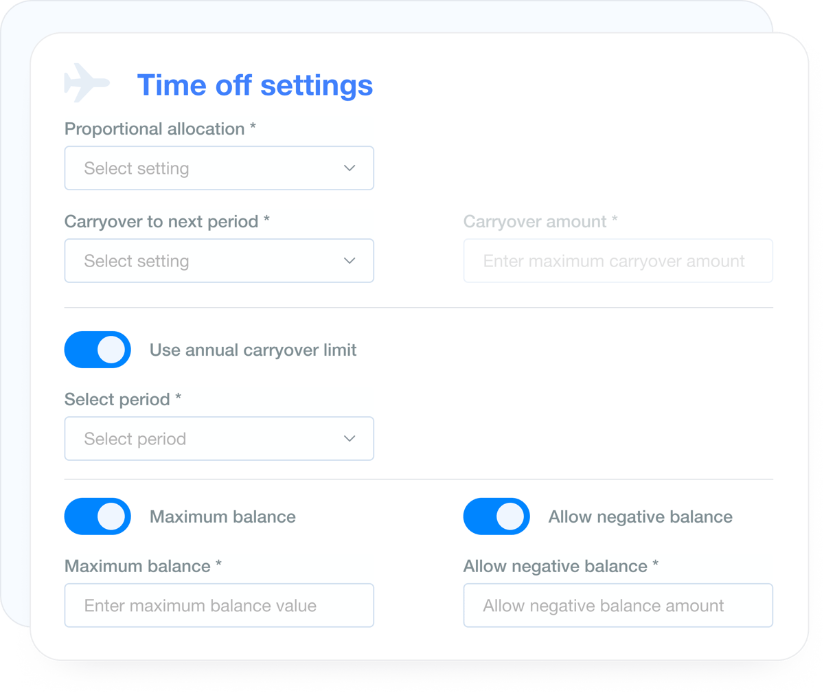 Carryover, negative balance, max balance, and expiration settings