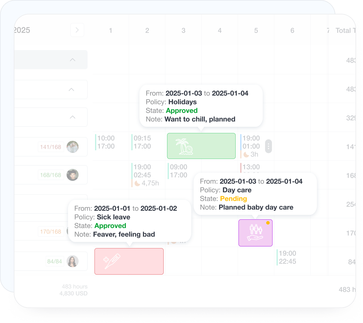 Approved time off reflected inside employee schedules