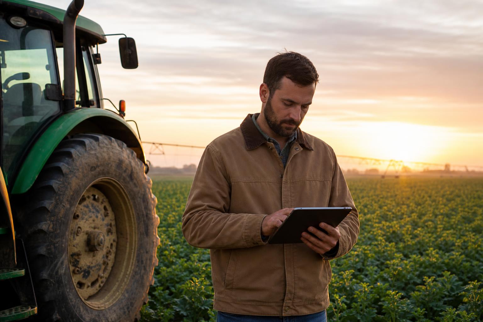 Farm operations manager reviewing live crew status on a tablet near a tractor