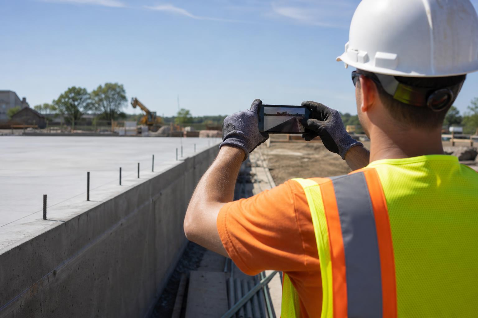 Construction crew member photographing finished work on a job site as proof