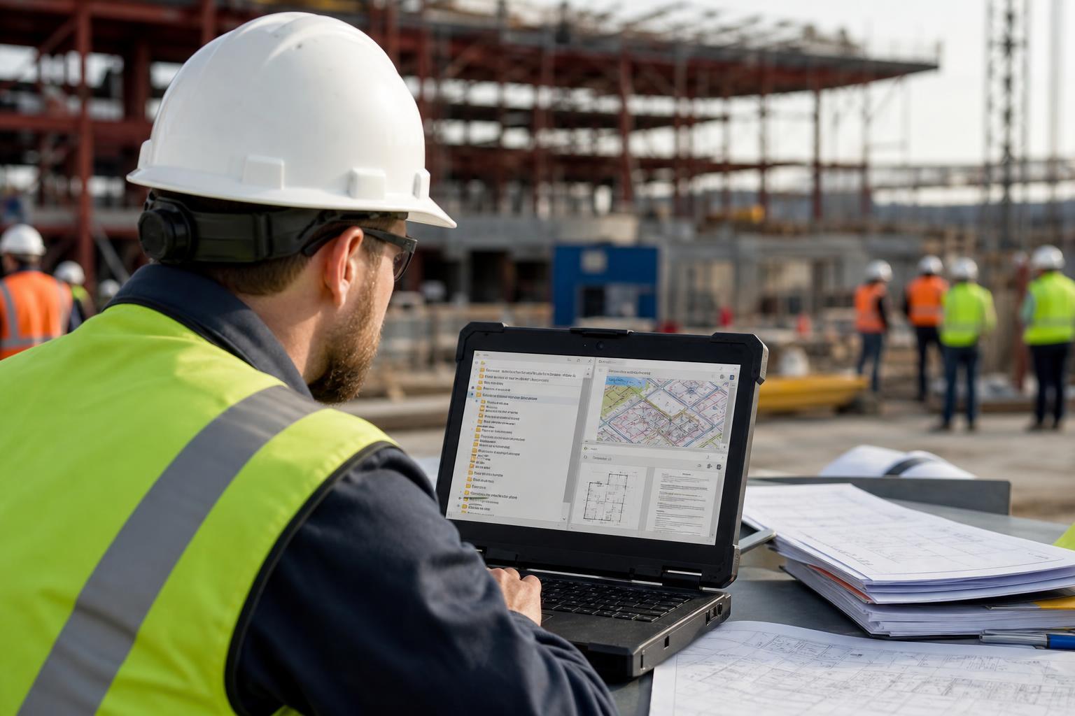 Construction project manager on a job site reviewing organized digital project documents and plans on a rugged laptop