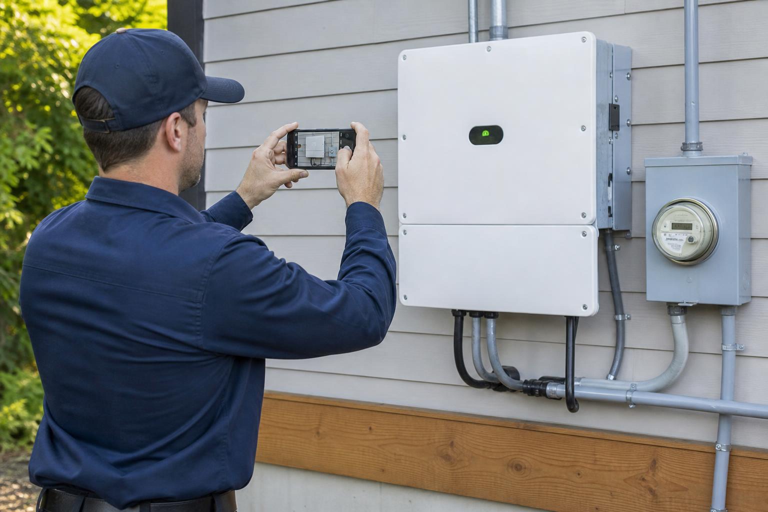 Field service technician using a smartphone to photograph completed work as proof