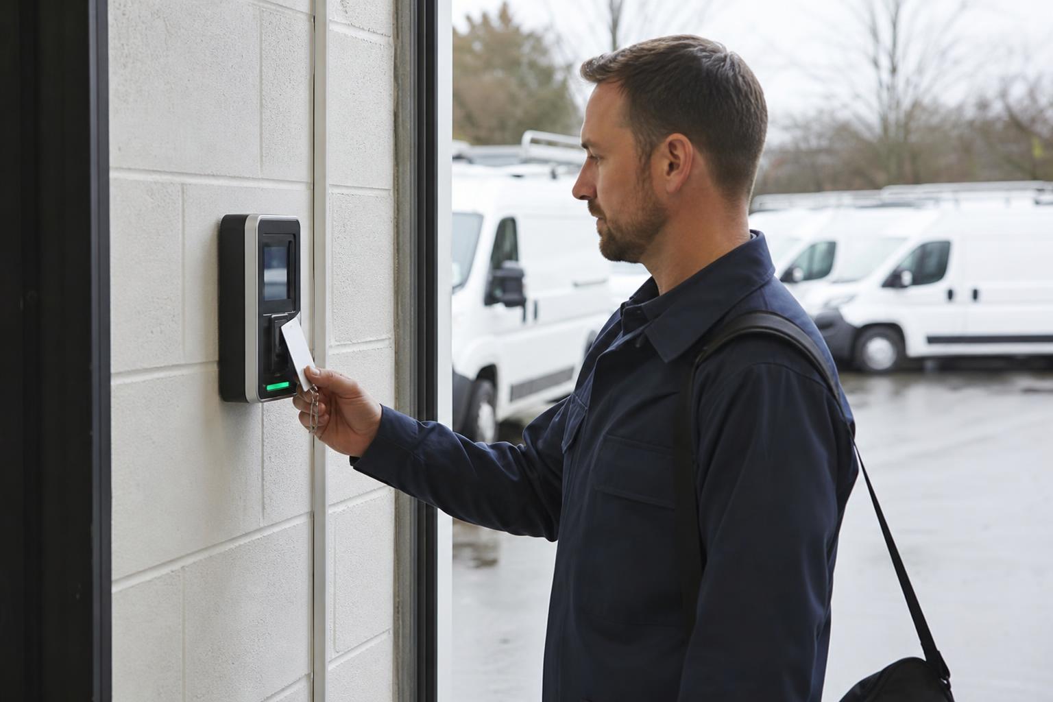 Worker tapping a fob on a wall-mounted time attendance terminal