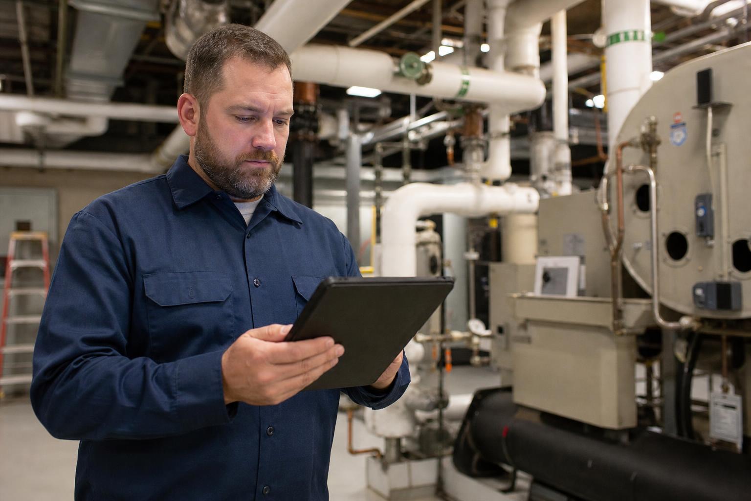 Service manager reviewing live technician status on a tablet