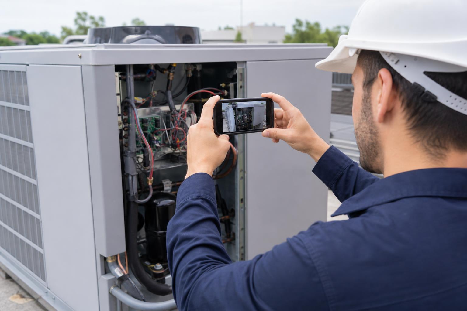 Technician using a smartphone to photograph finished repair work