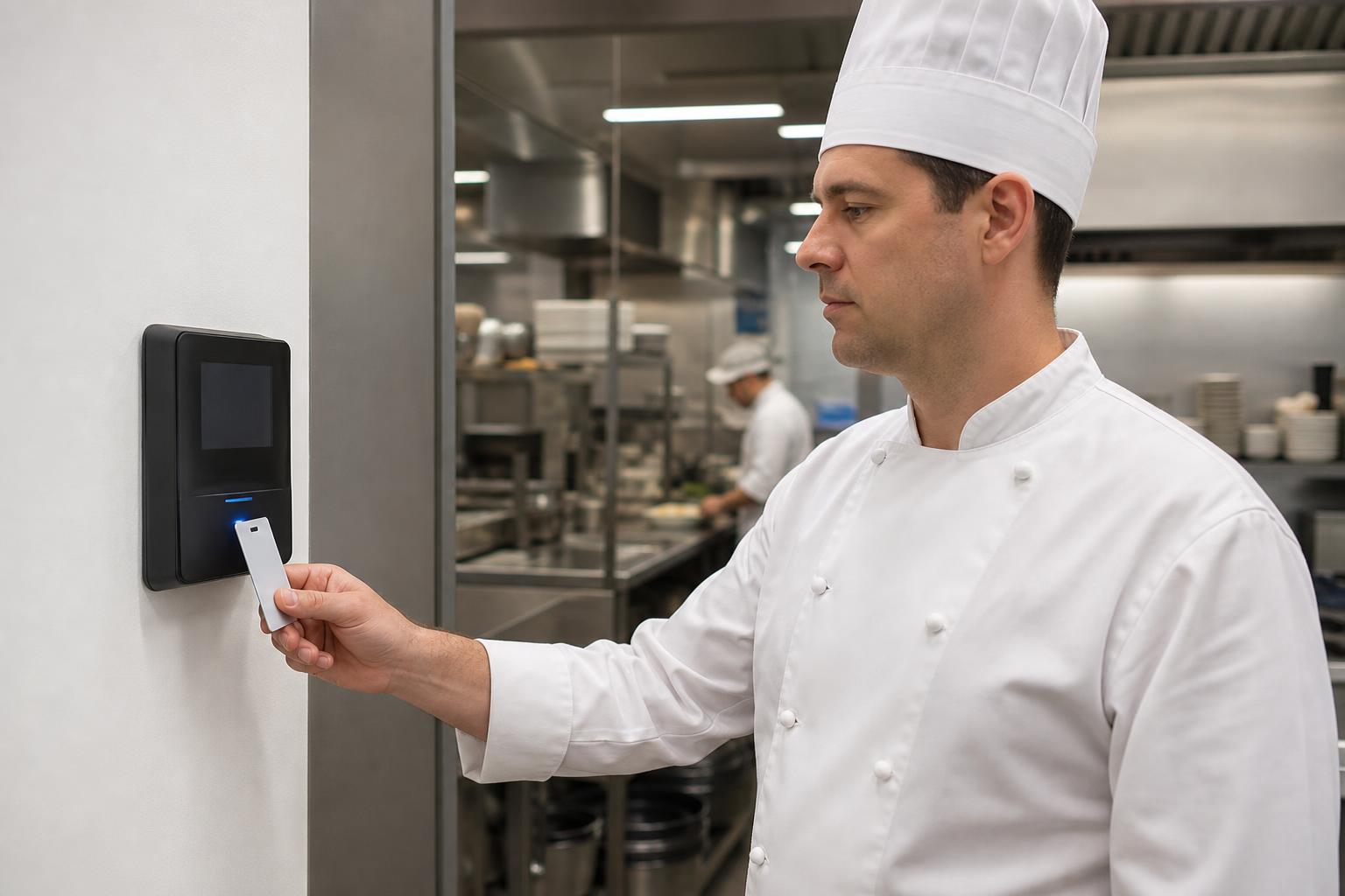 Restaurant employee tapping a fob on a time attendance terminal at the back-of-house