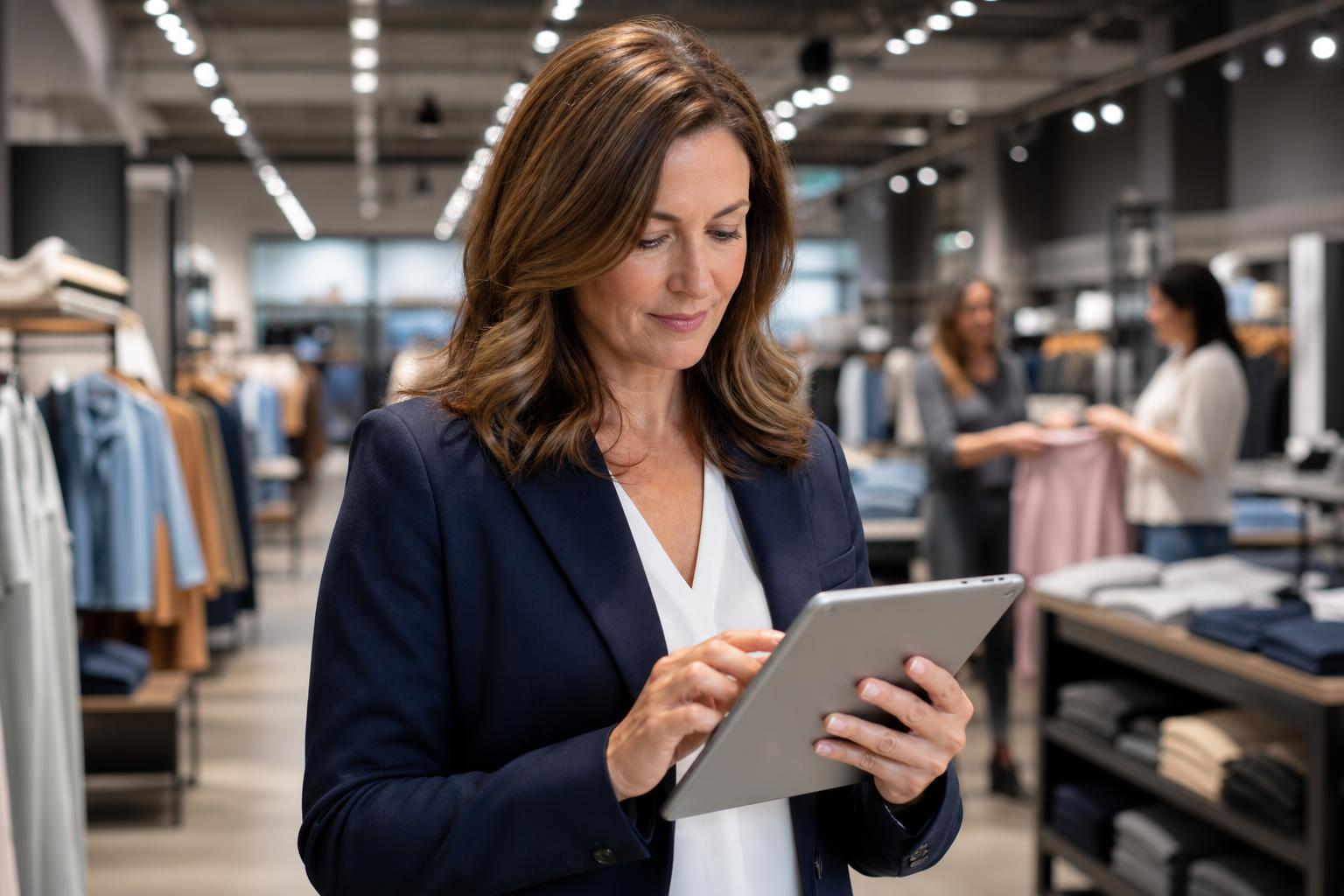 Retail district manager reviewing multi-store workforce data on a tablet