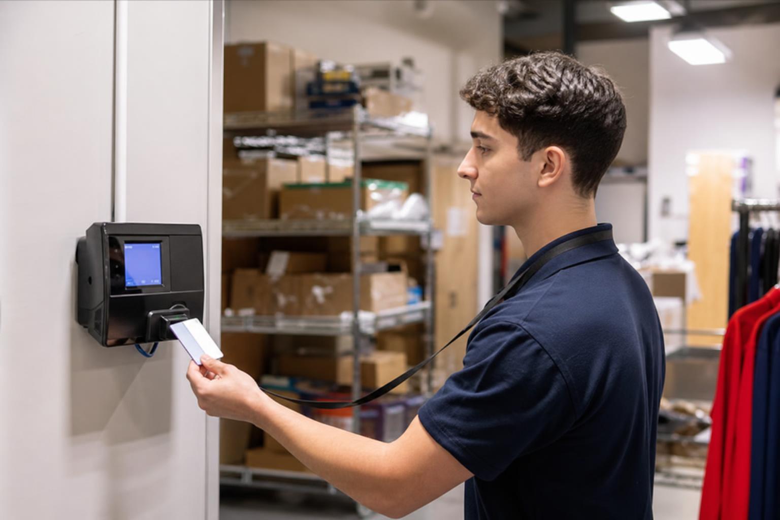 Retail associate using a wall-mounted time attendance terminal in the back-of-house