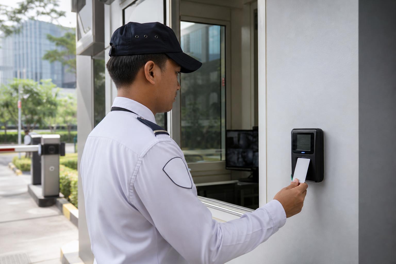 Security officer using a wall-mounted time attendance terminal at a guard post