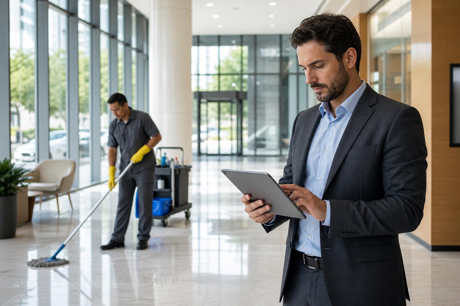 Service operations manager logging project expenses on a tablet