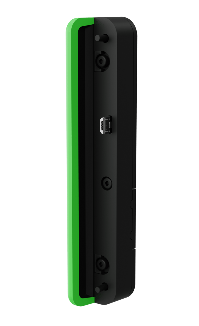 Green LED indicator showing an active work session on the time clock